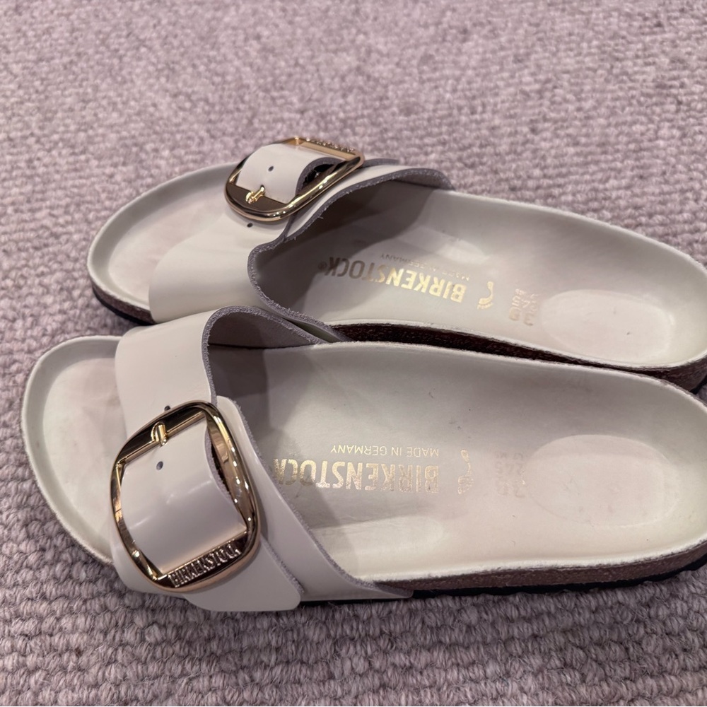 Birkenstock Madrid Single Strap Sandals with Gold Buckle in Cream - Picture 3 of 5